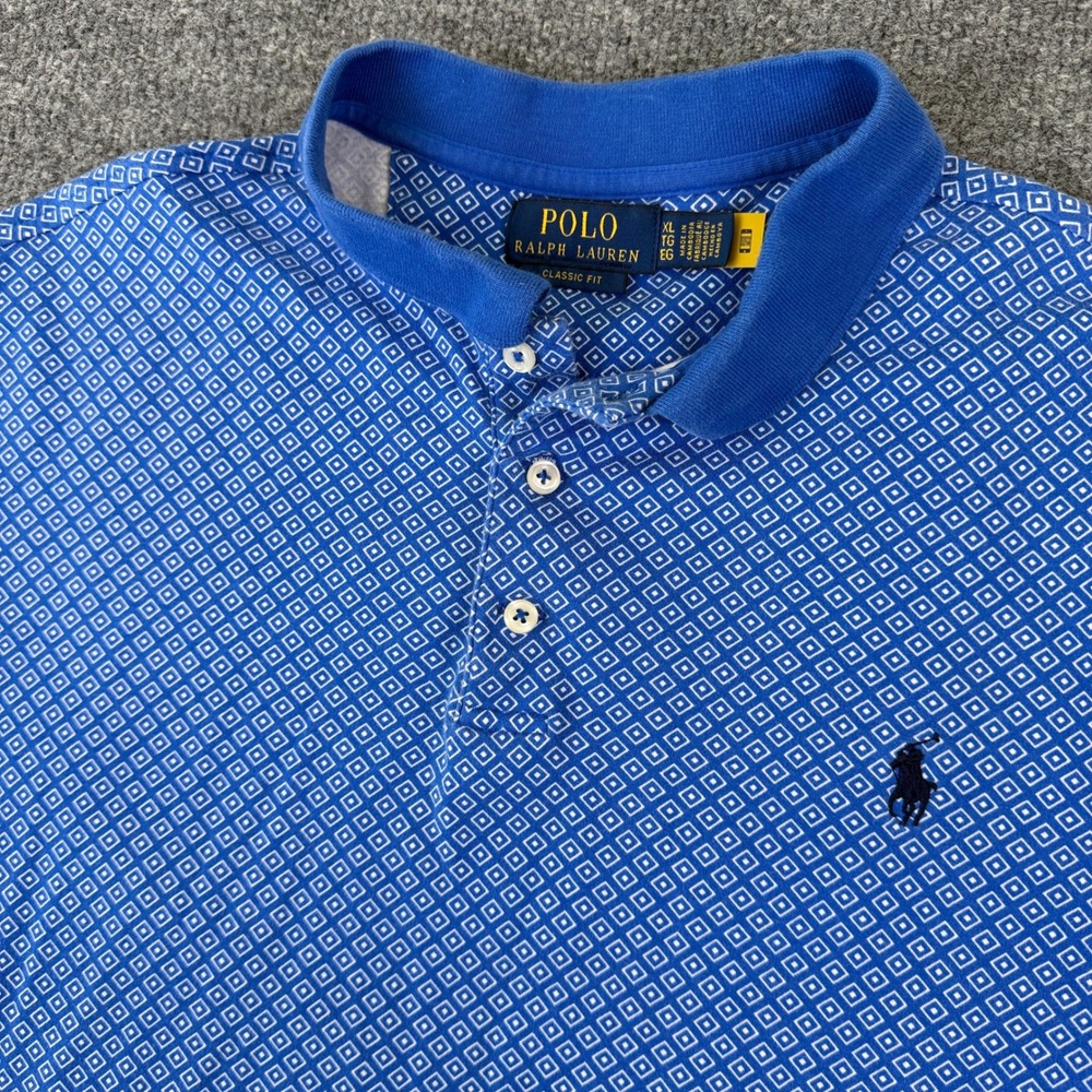 Polo Ralph Lauren Polo Shirt Mens XL Blue White Geometric Diamond Print Pony